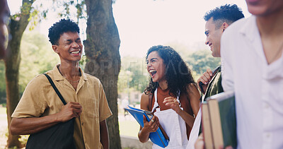 Buy stock photo Happy people, campus and friends laughing in park for break, funny conversation and study talk. Joke, learning and students with backpack, smile or discussion in college for school education together