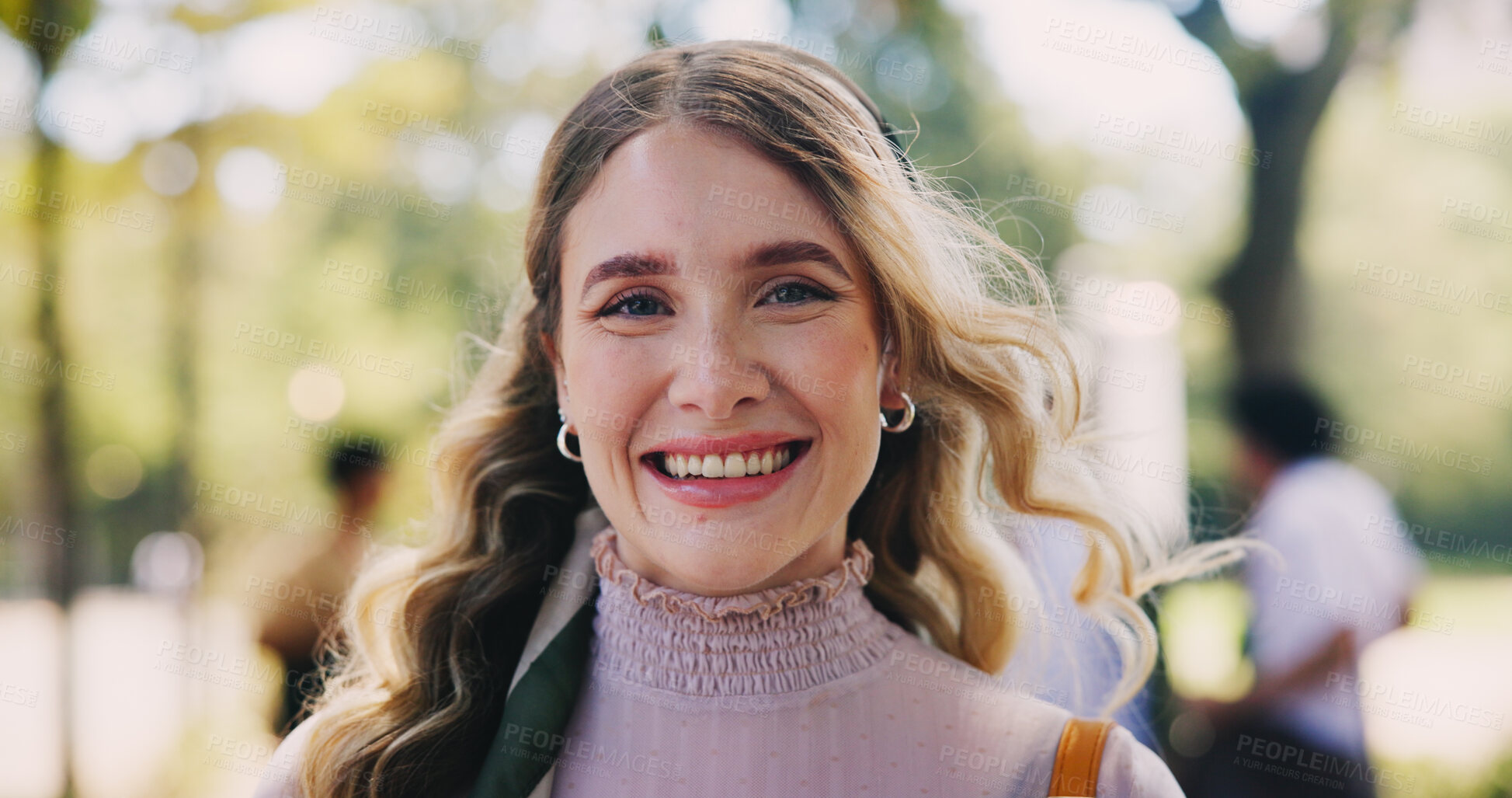 Buy stock photo Happy, girl and student with portrait outdoor of university campus for study of degree in english literature. Education, scholarship and female learner with smile for skill development or growth