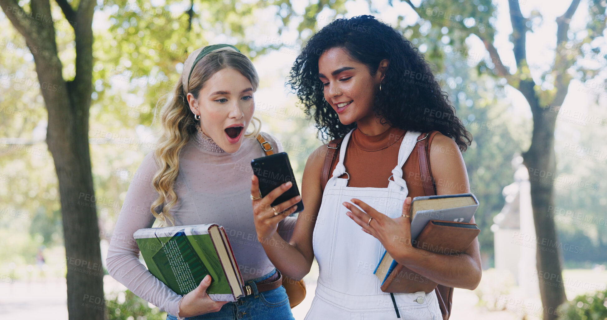 Buy stock photo Wow, park or women with smartphone in university for learning application, fake news or higher education. Social media, surprise or shocked students with academic registration or scholarship results