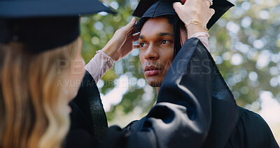 Buy stock photo Graduation cap, students and education with achievement, success and diversity in university or college. Group of people, pride and milestone for celebration, diploma or degree for career at ceremony