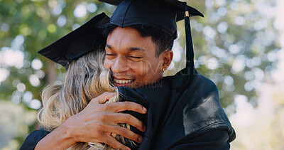 Buy stock photo Graduation, achievement or happy students hug with certificate at university for education or success. College, scholarship or group of proud people at school campus with knowledge, smile or diploma