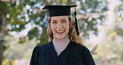 Buy stock photo Education, woman and portrait outdoor at graduation for qualification, university success and ceremony. Graduate, student and happy with milestone, scholarship award or academic achievement on campus