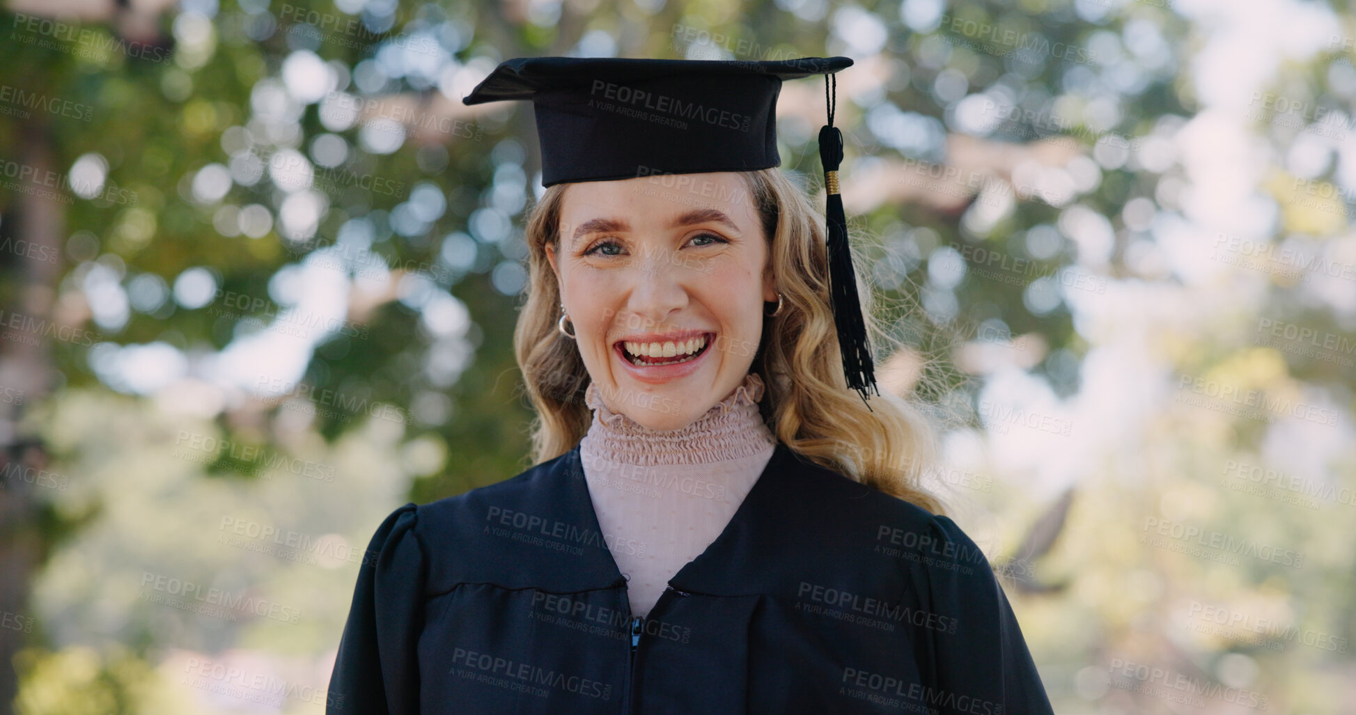 Buy stock photo Education, woman and portrait outdoor at graduation for qualification, university success and ceremony. Graduate, student and happy with milestone, scholarship award or academic achievement on campus