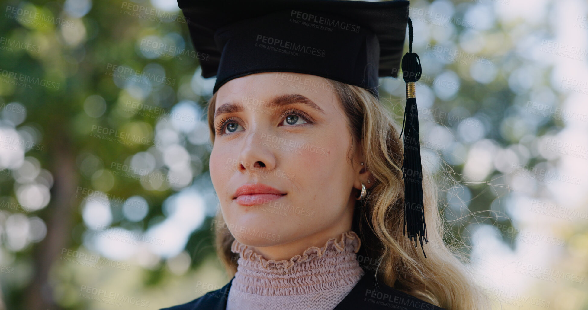 Buy stock photo Woman, graduation and girl with celebration, outdoor and ceremony for degree, university and success. Event, person and student with achievement, academic goals and college with scholarship or award