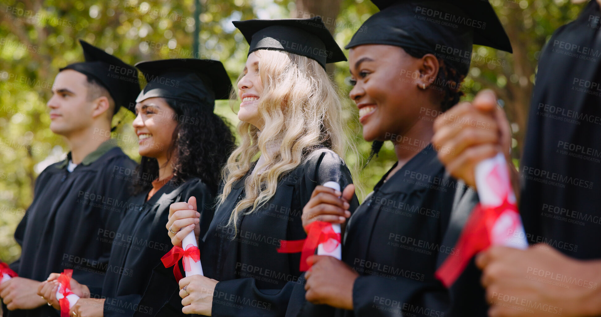 Buy stock photo Graduation, students and education with achievement, success and diversity in university or college. Group of people, happiness and milestone for celebration, diploma or degree for career at ceremony