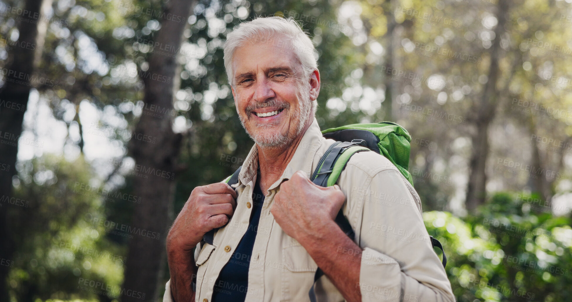 Buy stock photo Portrait, senior man and hiking for fitness outdoor with backpacking mission, trekking adventure or forest journey. Smile, elderly person and travel for exercise, retirement holiday and explore woods