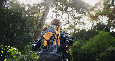 Buy stock photo Back, man and backpack for hiking in forest with travel adventure, fitness exercise and backpacking gear of survival.  Male hiker, nature trail and trekking journey, location and eco friendly jungle