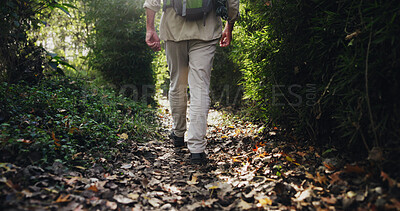 Buy stock photo Back, hiking and legs of person in forest for exercise, trekking or walking on outdoor trail. Getaway, health and wellness with hiker in nature or woods for hobby, leisure and recreation on path