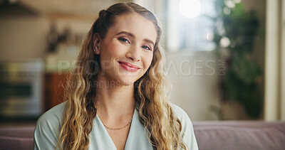 Buy stock photo Woman, smile or portrait in home for pride, comfort or relaxed in living room. Housewife, happy or confident on sofa with optimism, positivity or peace on couch on weekend break in Australia