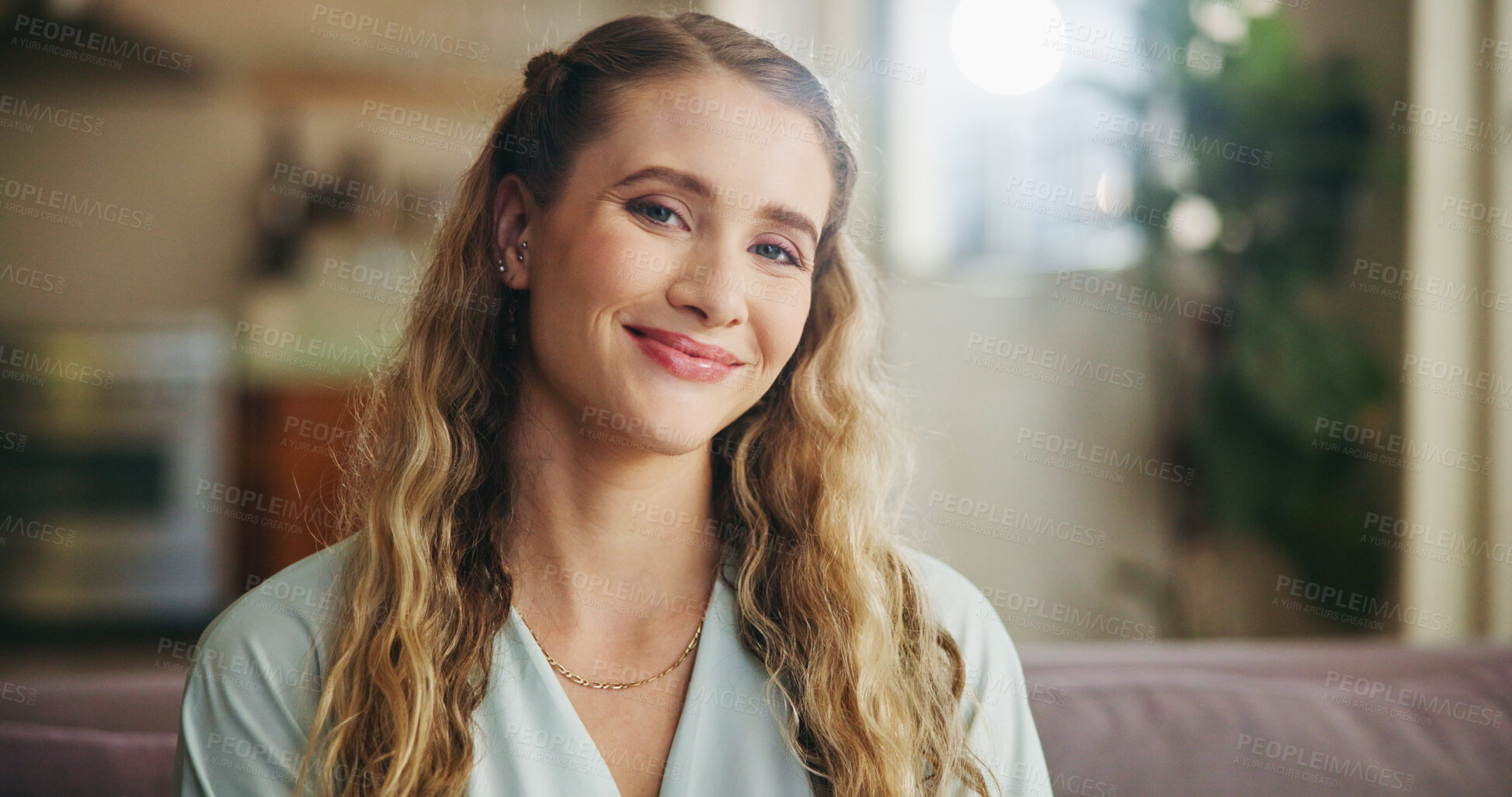 Buy stock photo Woman, smile or portrait in home for pride, comfort or relaxed in living room. Housewife, happy or confident on sofa with optimism, positivity or peace on couch on weekend break in Australia