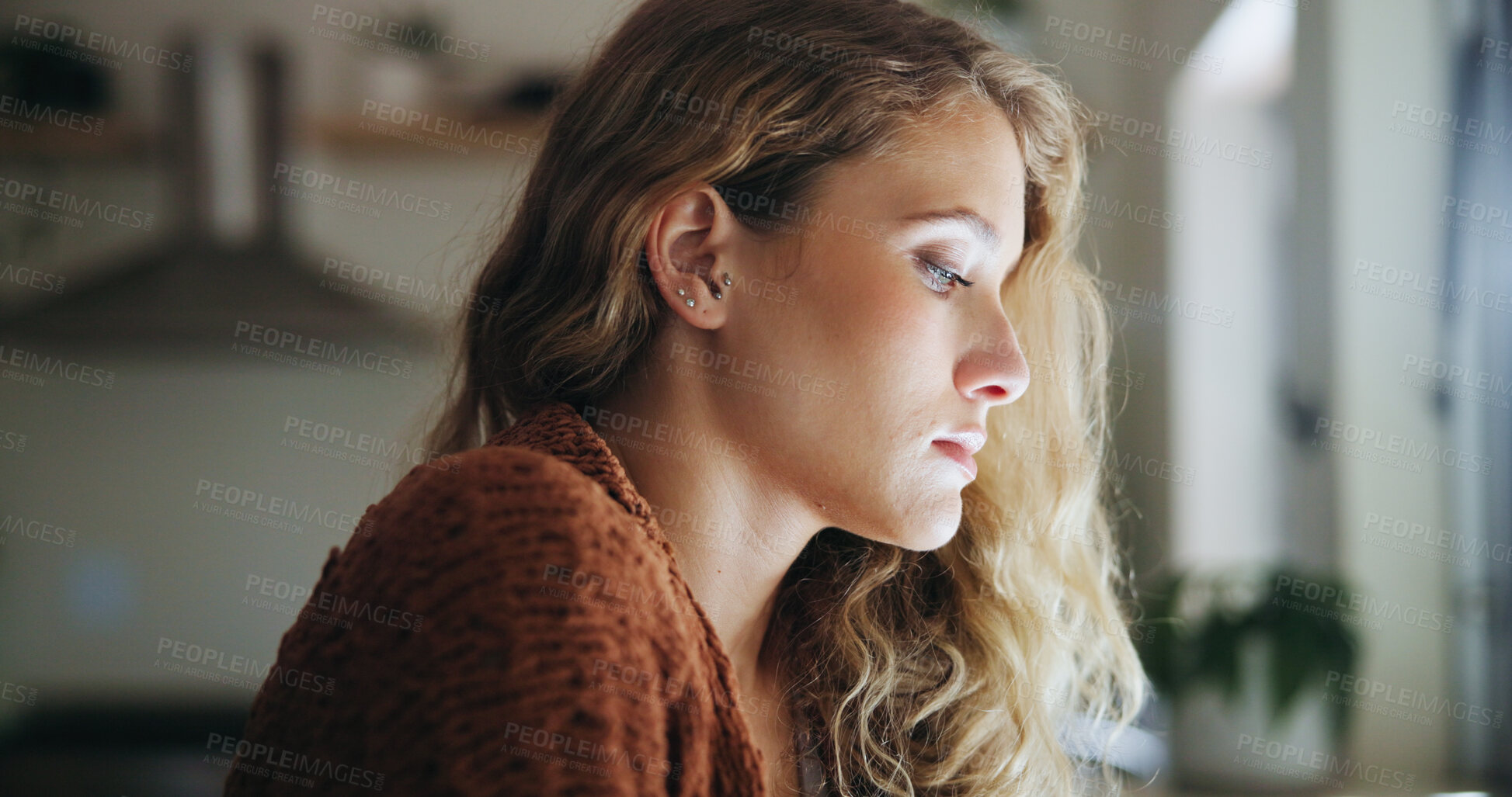 Buy stock photo Sad, woman and thinking with anxiety in home for flashback, grief and dissociation in memory. Mental health, banner and person with thoughts of psychological trauma, depression and ptsd in house