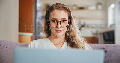 Buy stock photo Woman, student and laptop for education at house with online learning, project research and studying for test. Female person, glasses and digital for university email, assessment report and knowledge