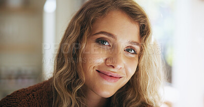 Buy stock photo Happy woman, portrait and morning with self confidence or natural beauty in satisfaction at home. Face of young female person or freelancer with smile for positive attitude, style or future at house