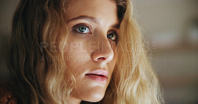 Buy stock photo Sad, woman and thinking with depression in home for flashback, grief and dissociation in memory. Mental health, banner and person with thoughts of psychological trauma, anxiety and ptsd in house