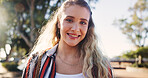 Woman, portrait and smile with travel in nature for university, learning and journey to campus. Face, happy and student with bag in park for development, education and morning commute in New York