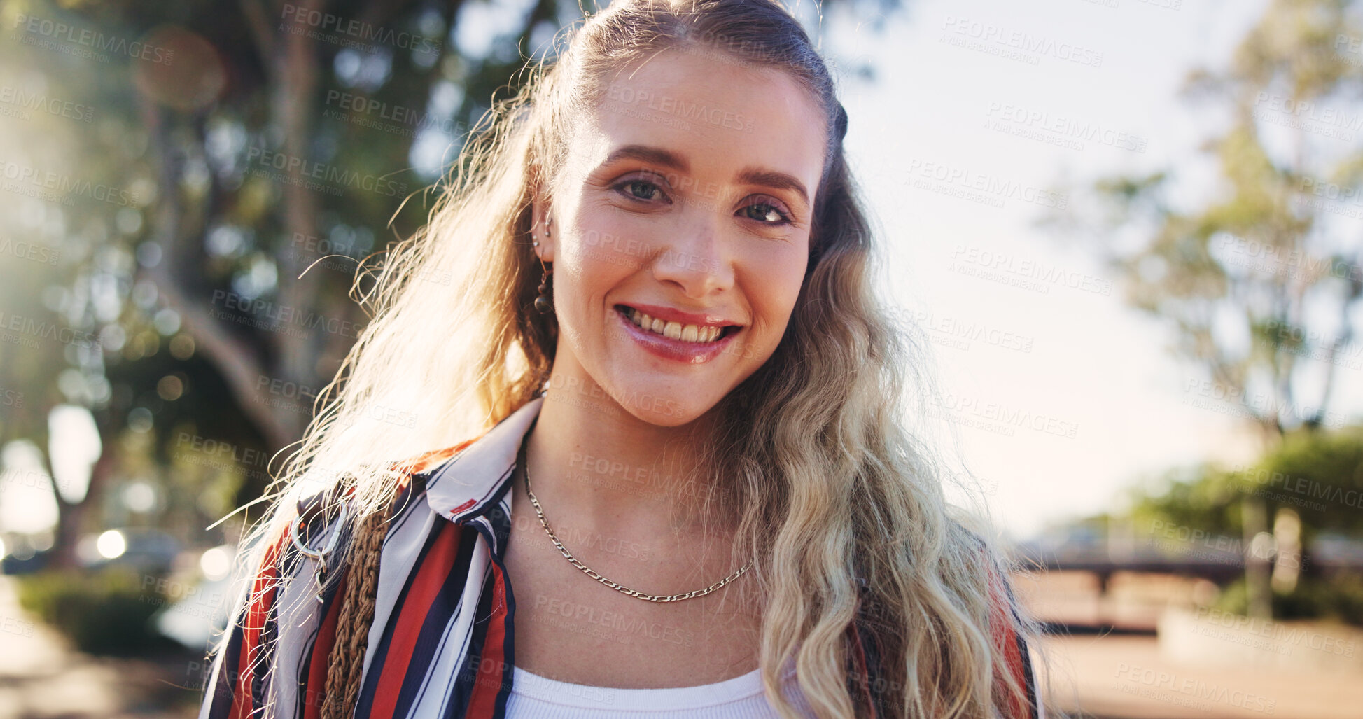 Buy stock photo Woman, portrait and smile with travel in nature for university, learning and journey to campus. Face, happy and student with bag in park for development, education and morning commute in New York