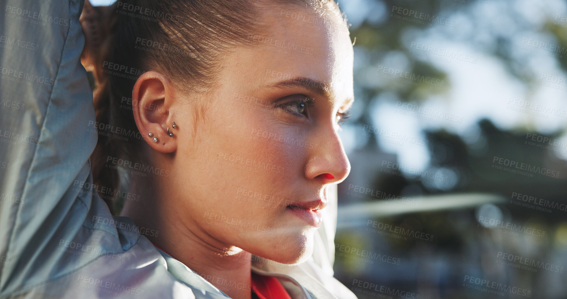 Buy stock photo Outdoor, stretching and arms of woman for fitness, exercise and flexibility for prevention of injury. Mockup space, female person and thinking with warm up for wellness, health and race training