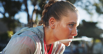 Buy stock photo Outdoor, tired and rest of woman for fitness, exercise and break after running in marathon challenge. Park, female person or runner with fatigue from workout, wellness and thinking of goal in nature