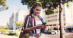 Woman, phone and typing outdoor for social media, communication and travel while chatting with chat. Female person, smartphone and walking in city for networking, email and mobile app with message