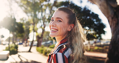 Buy stock photo Happy, smile and portrait of woman in park with confidence, pride and relax on weekend. Health, fresh air and face of person walking outdoors for adventure, positive attitude and travel in nature