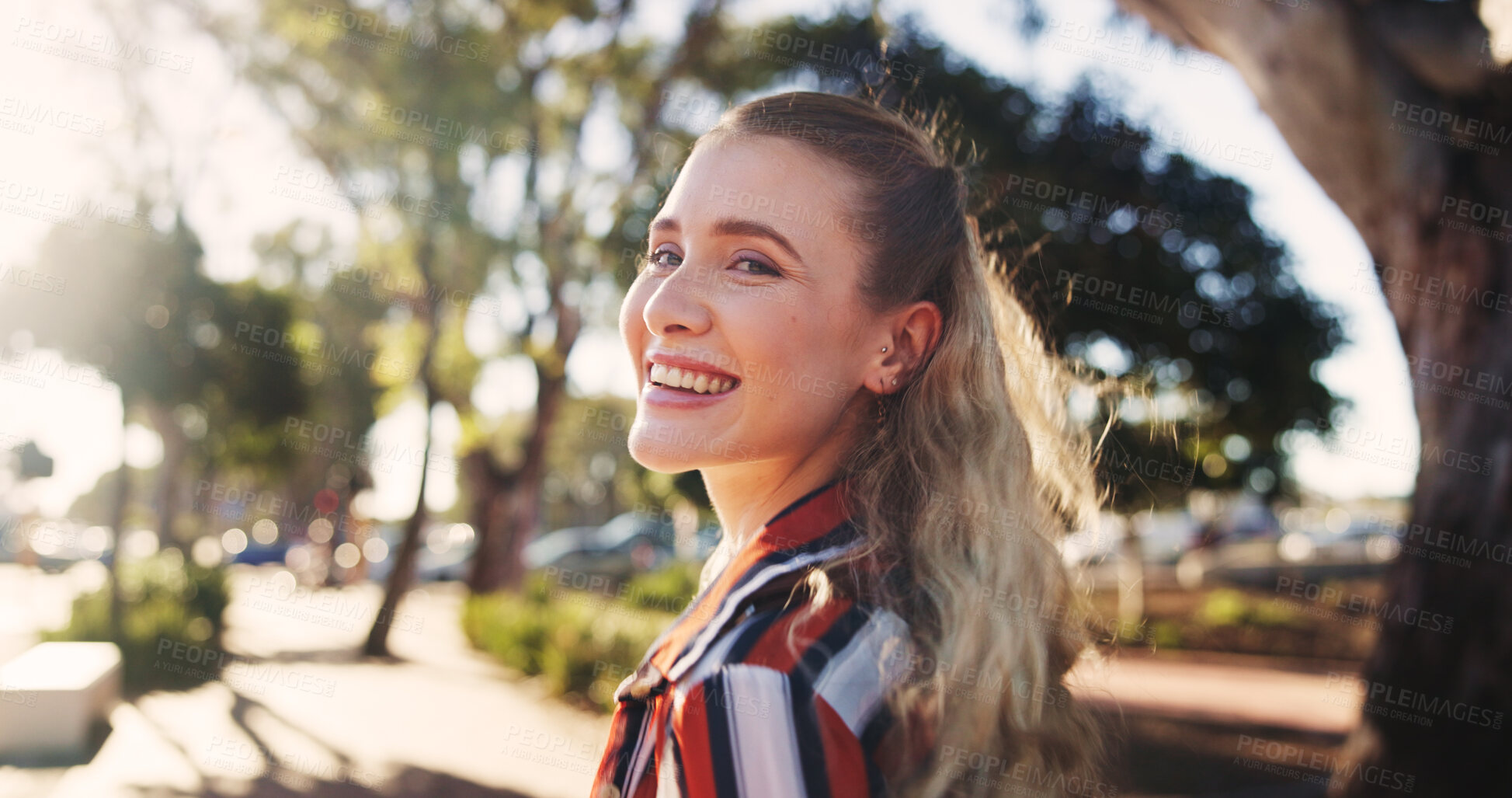 Buy stock photo Happy, smile and portrait of woman in park with confidence, pride and relax on weekend. Health, fresh air and face of person walking outdoors for adventure, positive attitude and travel in nature