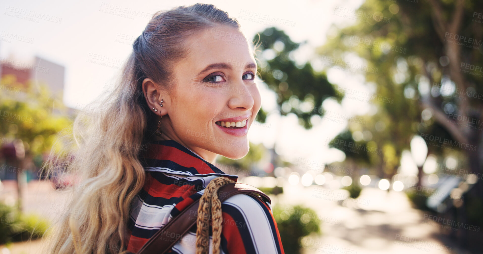 Buy stock photo Woman, portrait and smile with travel in park for university, education and journey to campus. Happy, face and student with bag in nature for learning, development and morning commute in New York