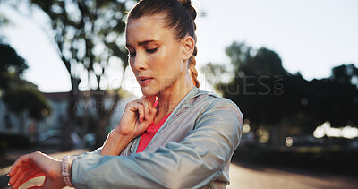 Buy stock photo Woman, smart watch and fitness for pulse, heart rate or monitoring performance for outdoor workout. Female person, runner or athlete checking wristwatch on break or rest from exercise in nature