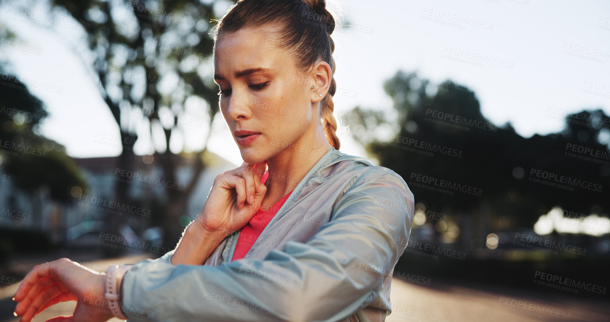 Buy stock photo Woman, smart watch and fitness for pulse, heart rate or monitoring performance for outdoor workout. Female person, runner or athlete checking wristwatch on break or rest from exercise in nature