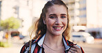 Woman, portrait and smile with travel in city for university, education and commute to campus. Happy, face and student with bag in morning for learning, development and journey to academy in New York