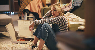 Buy stock photo Girl, thinking and stress on floor in home with depression, unemployment and disappointed in living room. Woman, frustrated and hopeless with anxiety, jobless and overwhelmed with failure in lounge