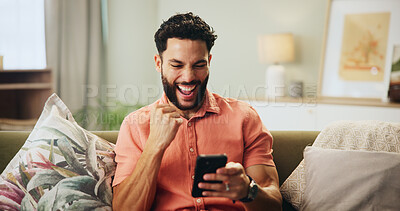 Buy stock photo Man, phone and winner with celebration in home, fist or excited for prize, giveaway or competition. Person, smartphone and success with cheers, yes or goals with financial freedom on sofa in Colombia