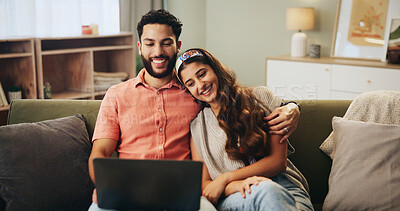 Buy stock photo Smile, laptop and couple relax on sofa in home together with romantic bonding, embrace and streaming movie. Man, woman and love on couch with online show, hug and happy relationship in living room