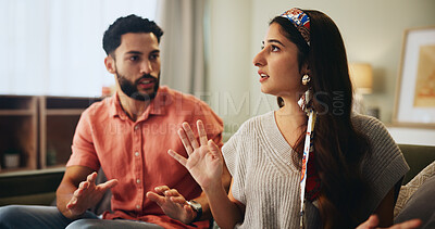 Buy stock photo Couple, living room and dispute with anxiety, stress and drama at home or apartment. Frustrated, woman and man with argument, angry and fight with toxic marriage and mistake or crisis with partner