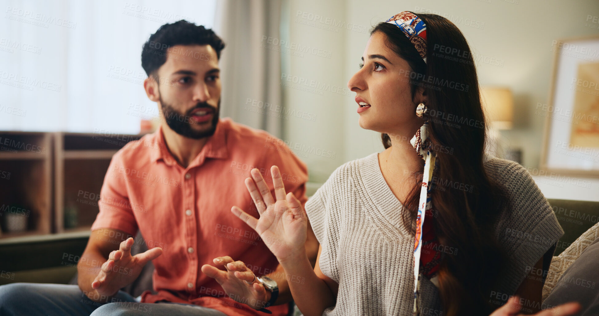 Buy stock photo Couple, living room and dispute with anxiety, stress and drama at home or apartment. Frustrated, woman and man with argument, angry and fight with toxic marriage and mistake or crisis with partner