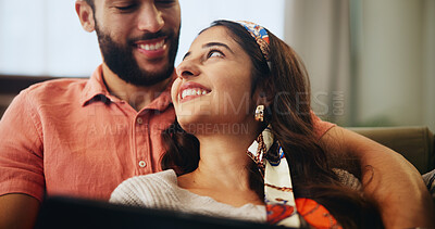 Buy stock photo Couple, smile and tablet together in living room, home and watching video or online streaming for movies or bonding. Internet, networking and social media on sofa for man and woman, care or affection