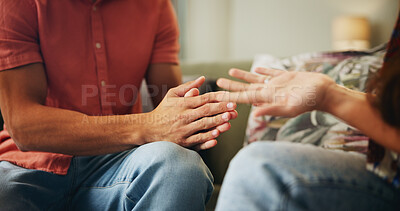 Buy stock photo Couple, hands and living room with anxiety, stress and drama at home or apartment. Frustrated, woman and man with argument, angry and fight with toxic marriage and mistake or crisis with partner