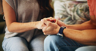 Buy stock photo Home, care and couple holding hands with support for partnership, affirmation and gratitude in love. Respect, trust and people with connection in commitment for reassurance, kindness and forgiveness