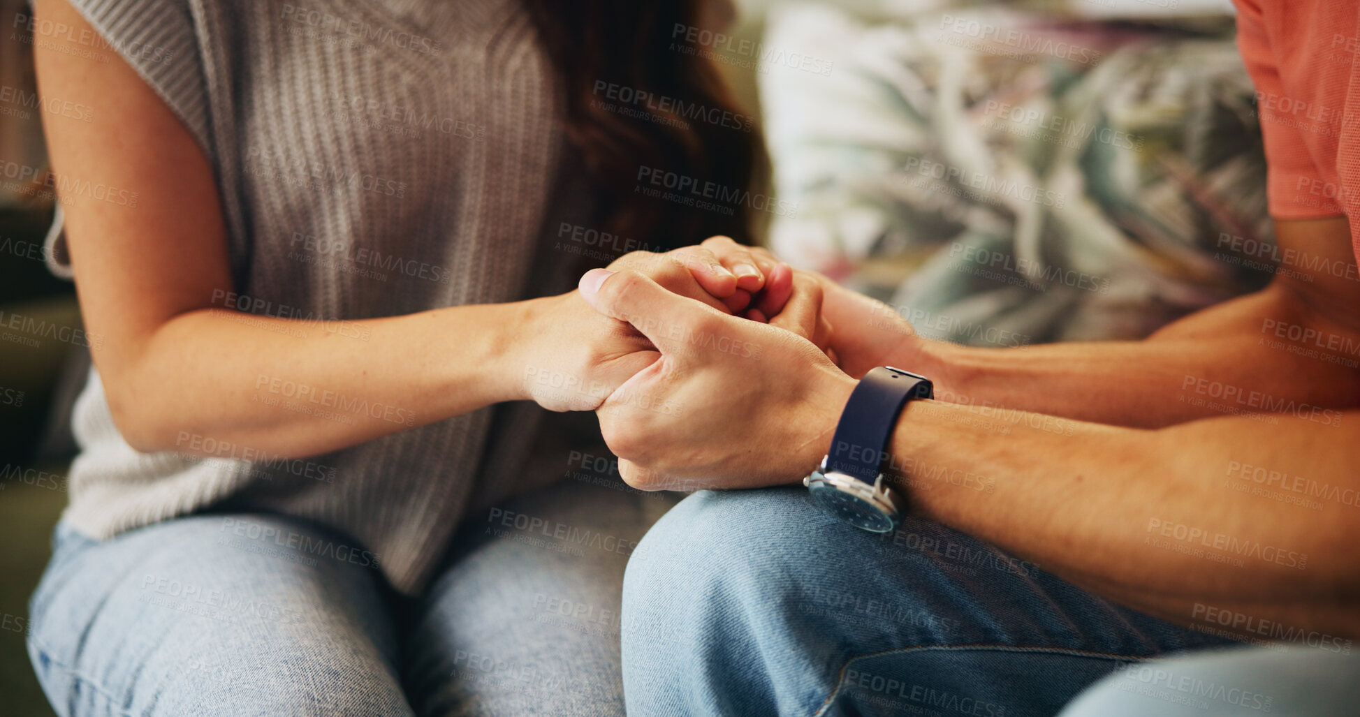 Buy stock photo Home, care and couple holding hands with support for partnership, affirmation and gratitude in love. Respect, trust and people with connection in commitment for reassurance, kindness and forgiveness