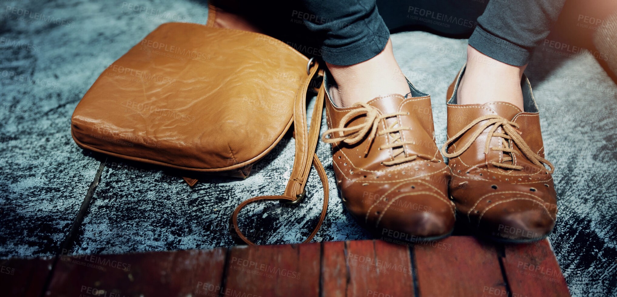 Buy stock photo Closeup, leather and feet with shoes for fashion, vintage style or aesthetic and bag for lifestyle or trend. Person, legs and flats for creativity, retro or unique footwear with handbag on background