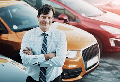 Buy stock photo Portrait, smile and a man arms crossed at a dealership for car sale in a commercial parking lot. Business, luxury and automobile trade with a happy young salesman outdoor for transport service