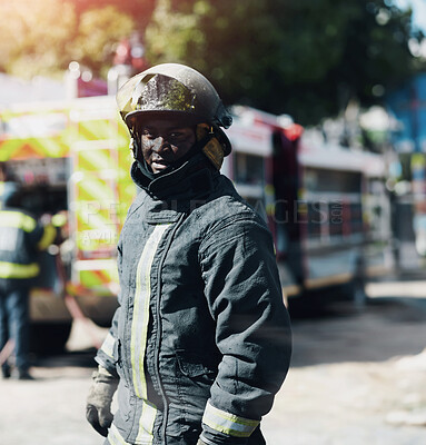 Buy stock photo Safety, hero and portrait of a black man as a firefighter for service, fire emergency and working. Job, professional and an African fireman in a uniform for security, rescue and fearless career