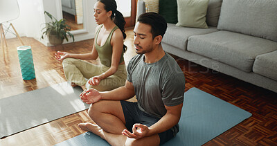 Buy stock photo Couple, yoga and lotus with meditation in home for holistic wellness, mindfulness or relax on floor with zen. People, mudra and spiritual healing in living room for fitness, pilates or bonding on mat