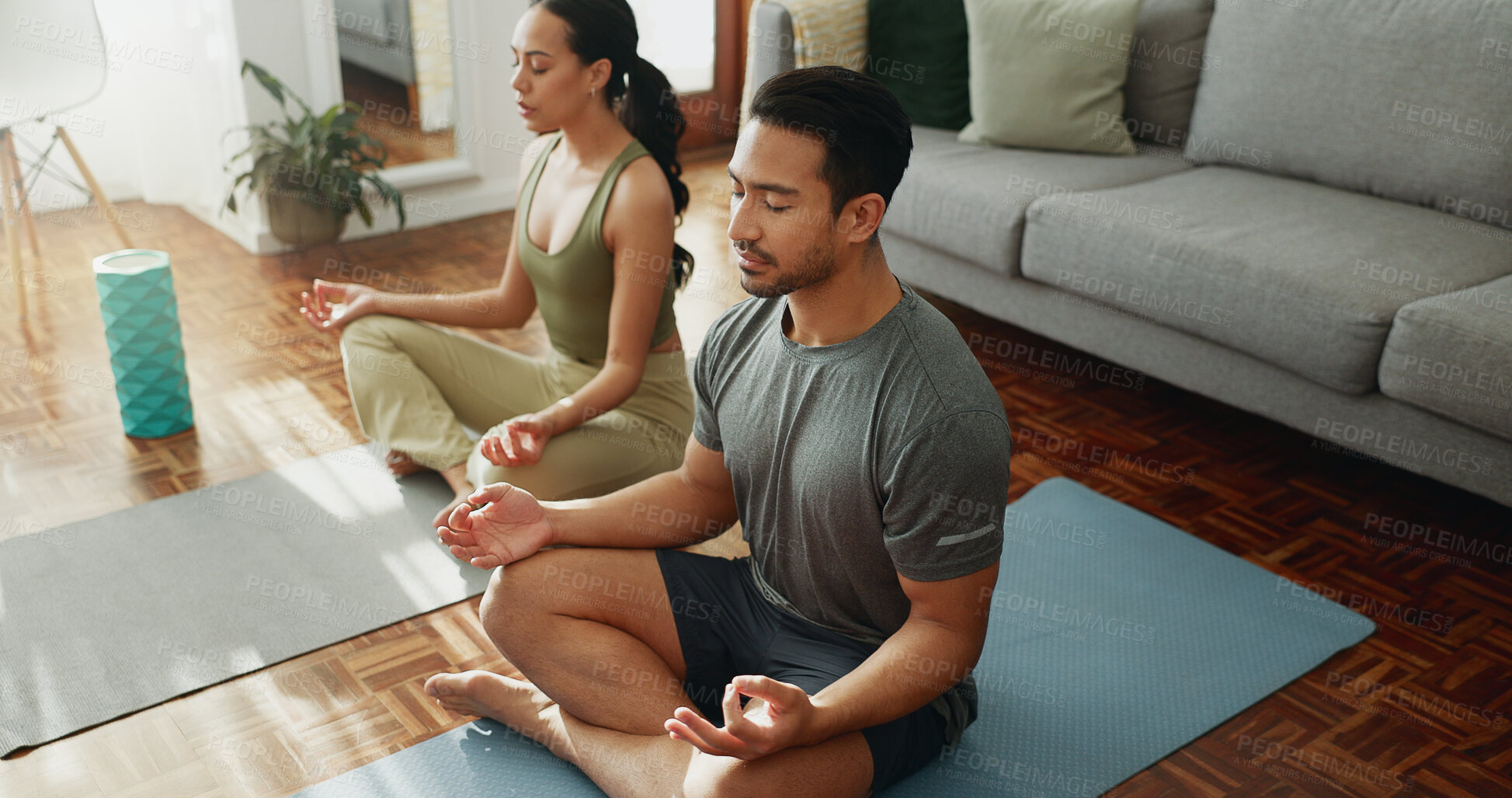 Buy stock photo Couple, yoga and lotus with meditation in home for holistic wellness, mindfulness or relax on floor with zen. People, mudra and spiritual healing in living room for fitness, pilates or bonding on mat