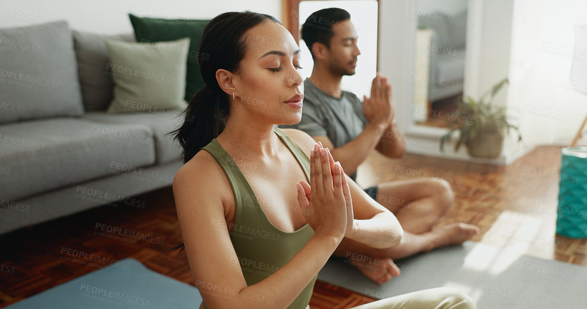 Buy stock photo Couple, yoga and lotus with meditation in home for holistic wellness, mindfulness or relax on floor with zen. People, mudra and spiritual healing in living room for fitness, pilates or bonding on mat