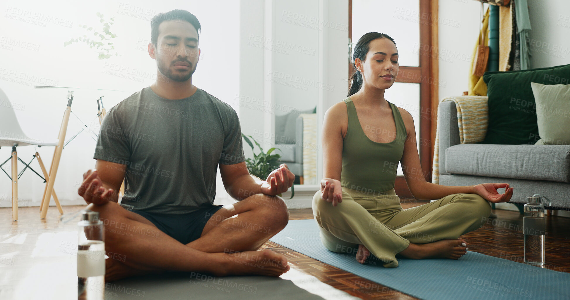 Buy stock photo Couple, man and lotus with meditation on floor for holistic wellness, mindfulness and relax in home with zen. People, mudra and spiritual healing in living room for yoga fitness, pilates and bonding