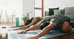 Fitness, people and stretching in home for yoga, wellness and spiritual healing. Man, woman and childs pose in pilates for healthy body, activity in relationship and positive mental health on floor