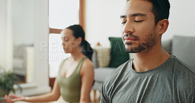 Buy stock photo Couple, man and lotus with meditation in home for holistic wellness, mindfulness and relax on floor with zen. People, mudra and spiritual healing in living room for yoga fitness, pilates and bonding