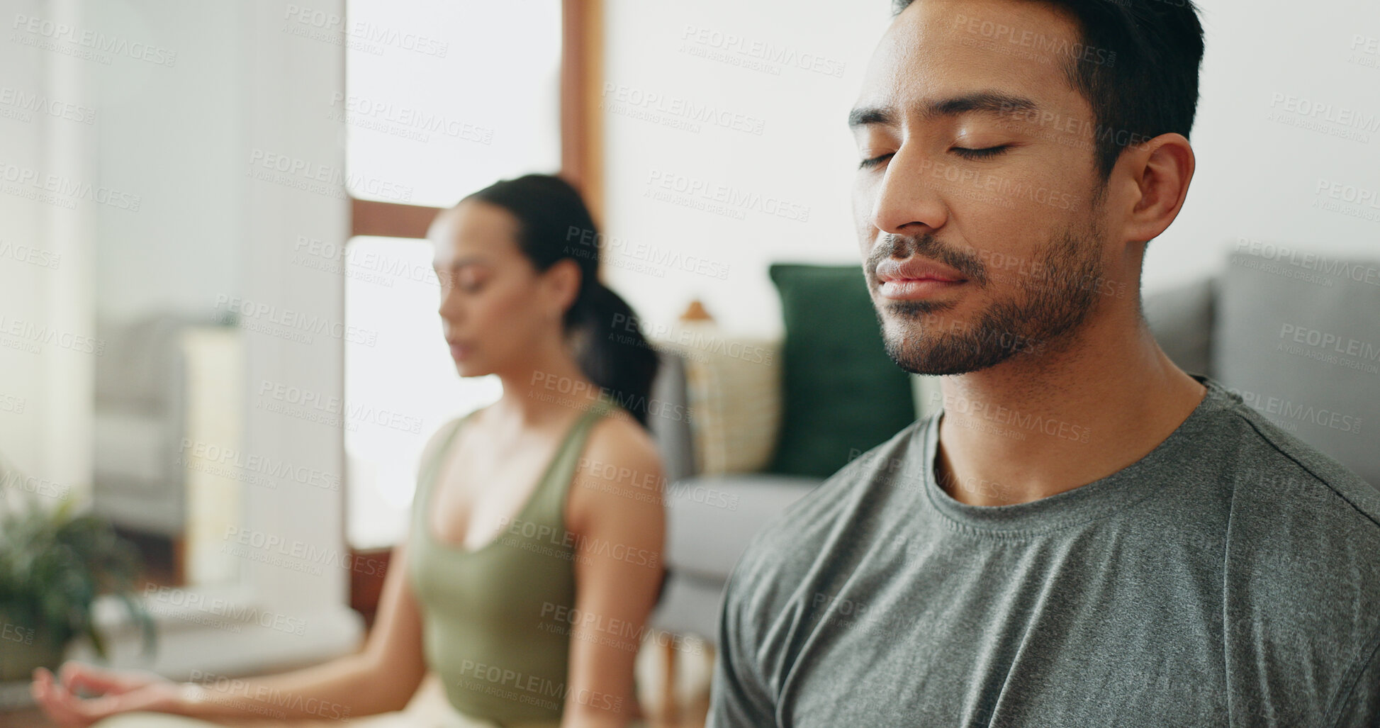 Buy stock photo Couple, man and lotus with meditation in home for holistic wellness, mindfulness and relax on floor with zen. People, mudra and spiritual healing in living room for yoga fitness, pilates and bonding