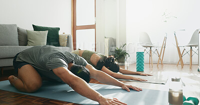 Buy stock photo Yoga, couple and stretching in home for peace, wellness and spiritual healing. Man, woman and childs pose in pilates for healthy body, activity in relationship and positive mental health on floor