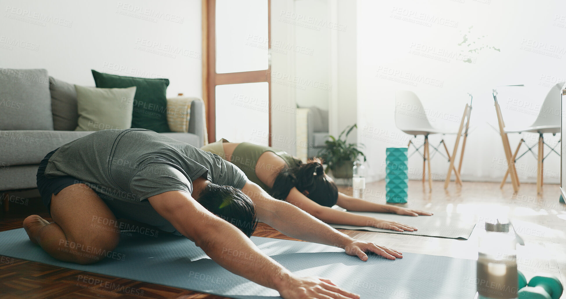 Buy stock photo Yoga, couple and stretching in home for peace, wellness and spiritual healing. Man, woman and childs pose in pilates for healthy body, activity in relationship and positive mental health on floor